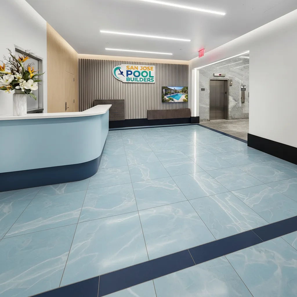 San Jose Pool Builders office interior with company logo on wall